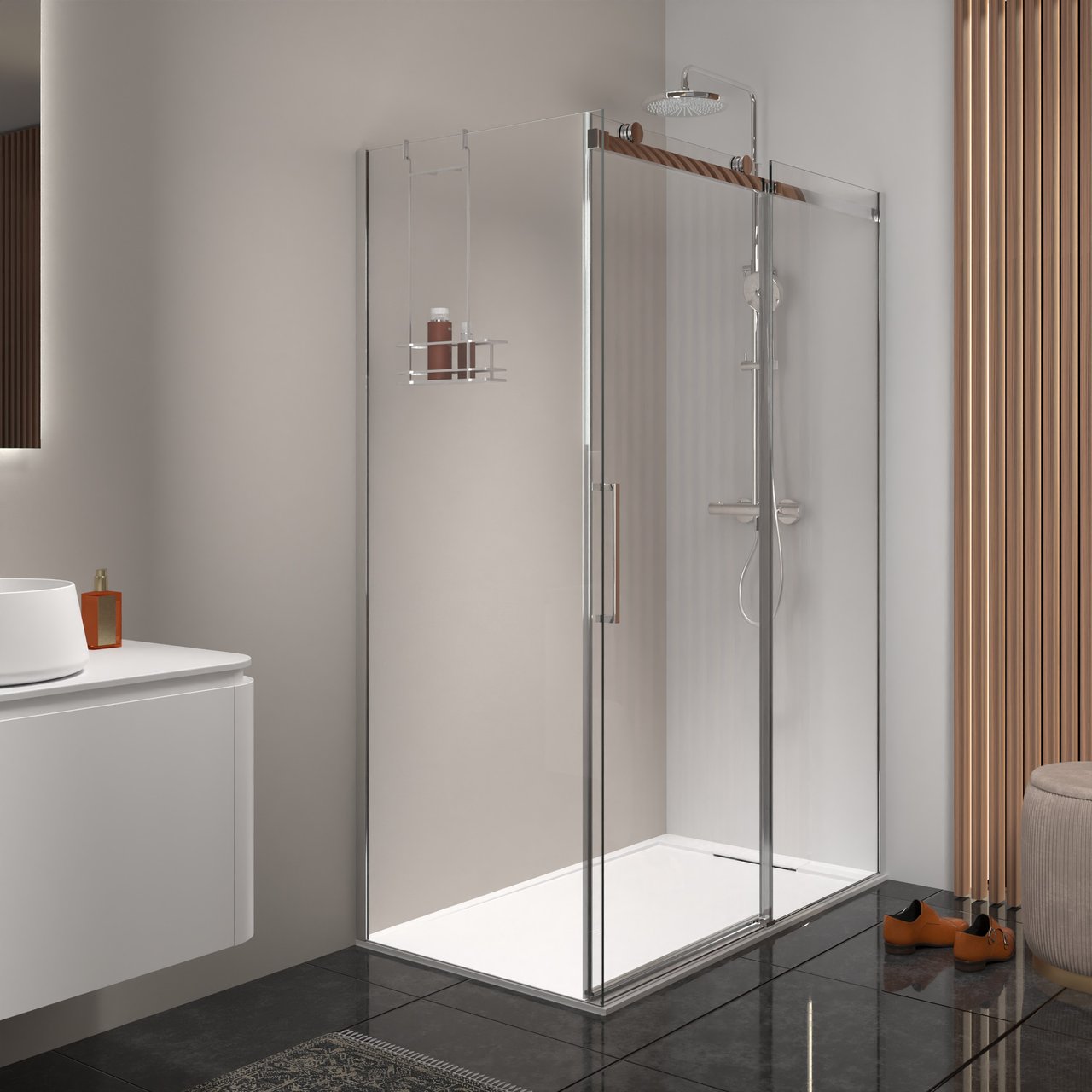 Luca Varess Boltano paroi de douche avec porte coulissante et paroi latérale fixe, 120 x 80 cm, verre transparent, profil chrome