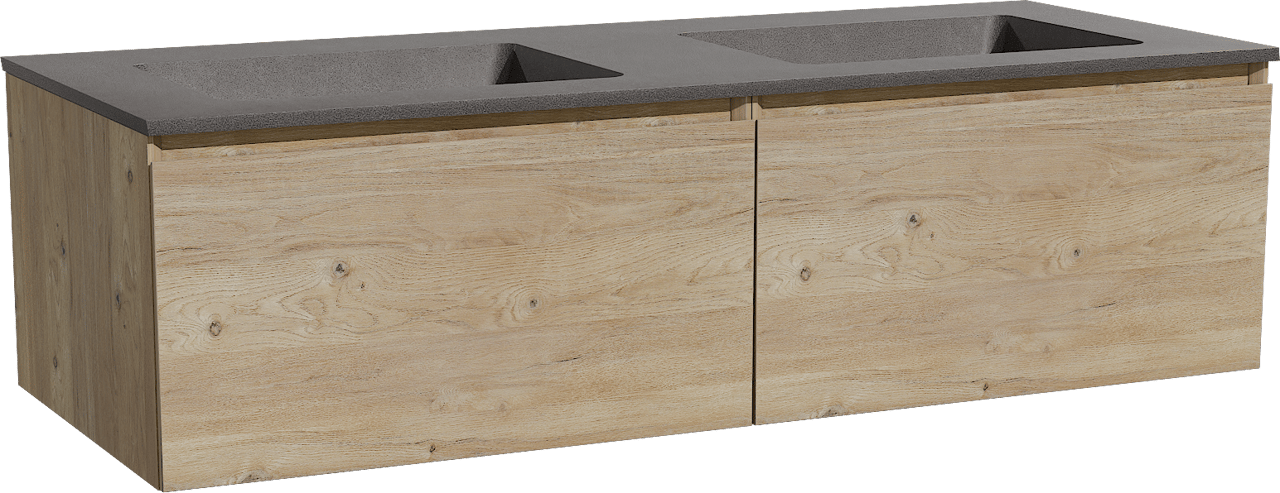 Storke Edge zwevend badmeubel 130 x 52 cm ruw eiken met Scuro dubbele wastafel in kwarts mat zwart