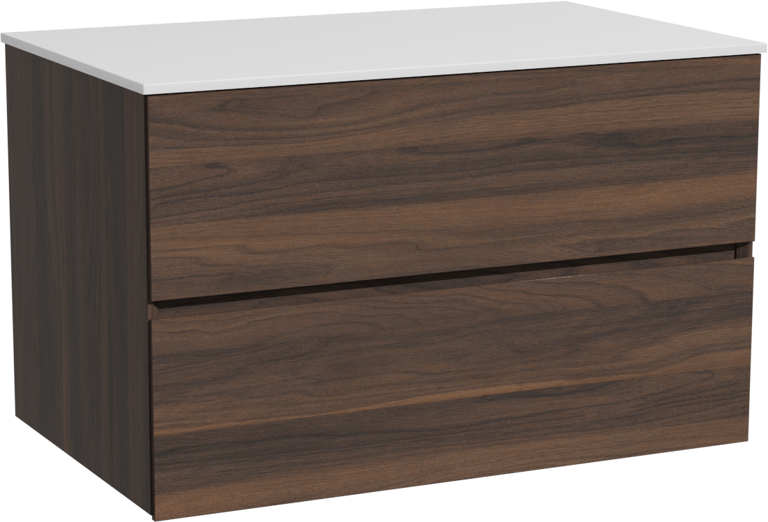 Storke Edge zwevend badkamermeubel 85 x 52 cm notelaar met Tavola enkel tablet in solid surface mat wit