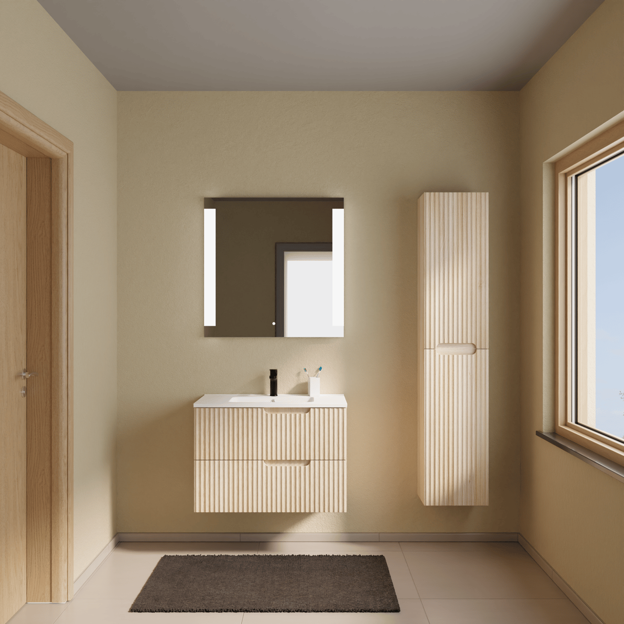 Linie Ribbo zwevend badmeubel 80 x 46 cm licht eiken met Vano enkele wastafel in composietmarmer mat wit, Verticale symmetrische ronde ribbel