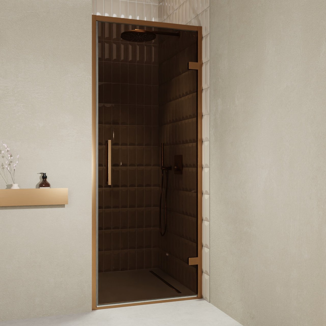 Balmani Senses Design douche draaideur rechts 90 cm x 210 cm Brons glas, Brushed Rosegold profielen, met coating