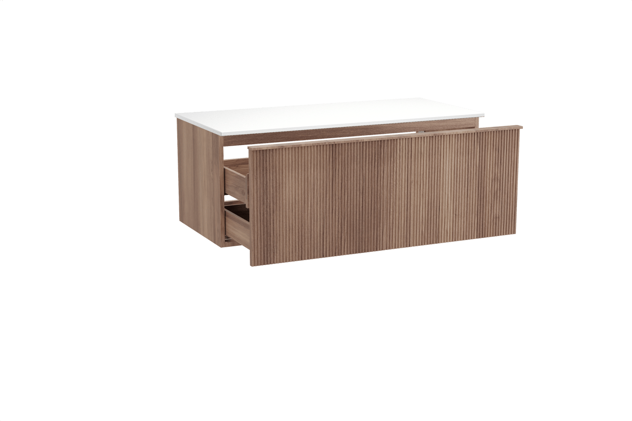 Balmani Forma hängendes Möbelstück Set: 120 x 55 cm, Teak, mit Stretto Einzel- oder Doppel Waschtischplatte, Solid Surface, Weiß matt, Vertikale symmetrische gerade Rippe