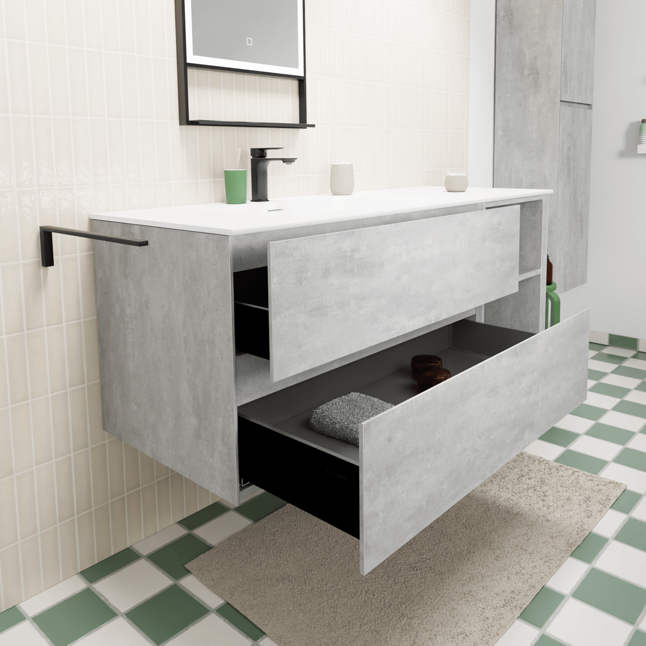 Storke Edge zwevend badkamermeubel 140 x 52 cm beton donkergrijs met Mata asymmetrisch linkse wastafel in solid surface mat wit
