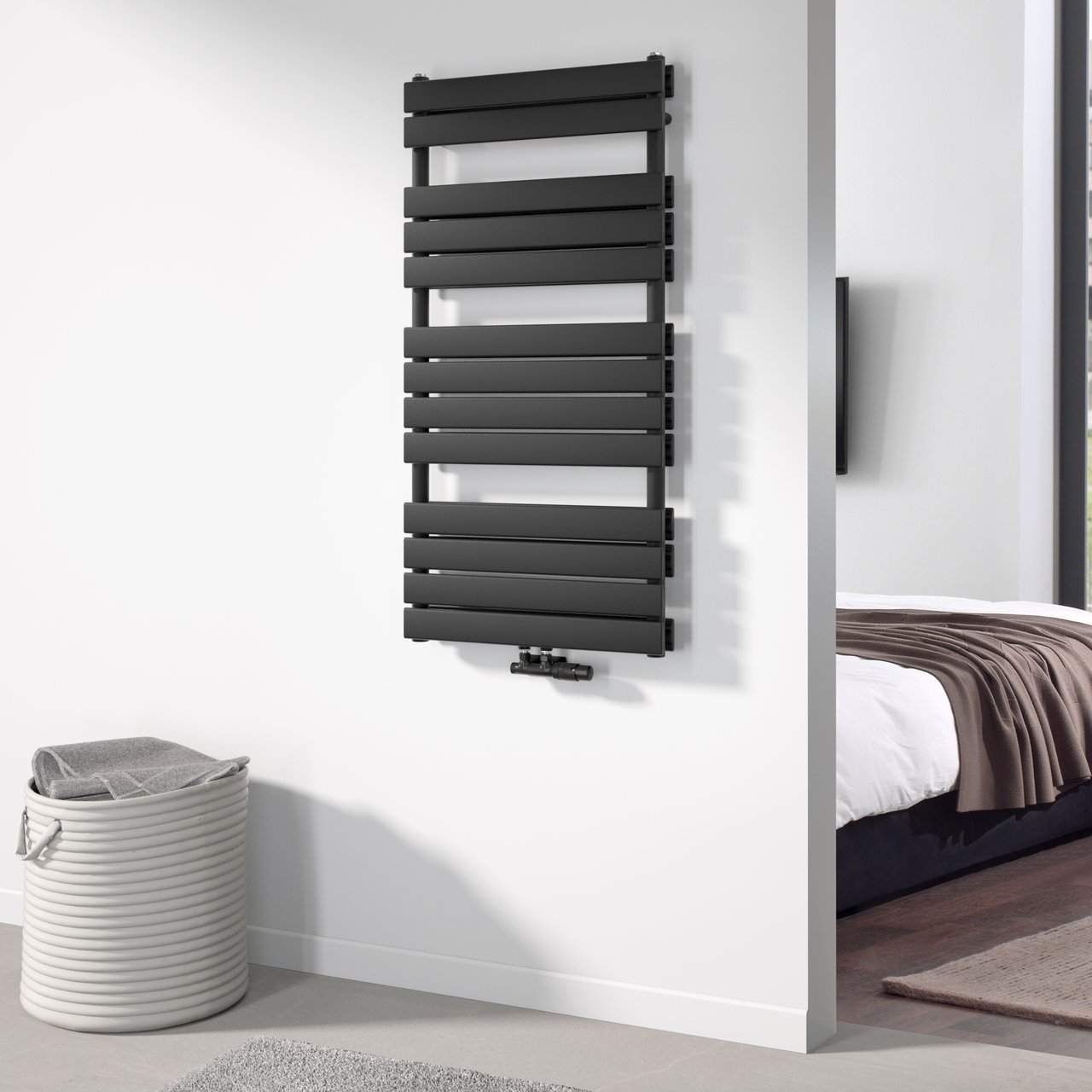 UNIQUEMENT POUR ALLEMAGNE - Vipera Vulcan sèche-serviettes double 60 x 123 cm chauffage électrique noir mat raccordements latéral et central possibles 1.256W, résistance incluse