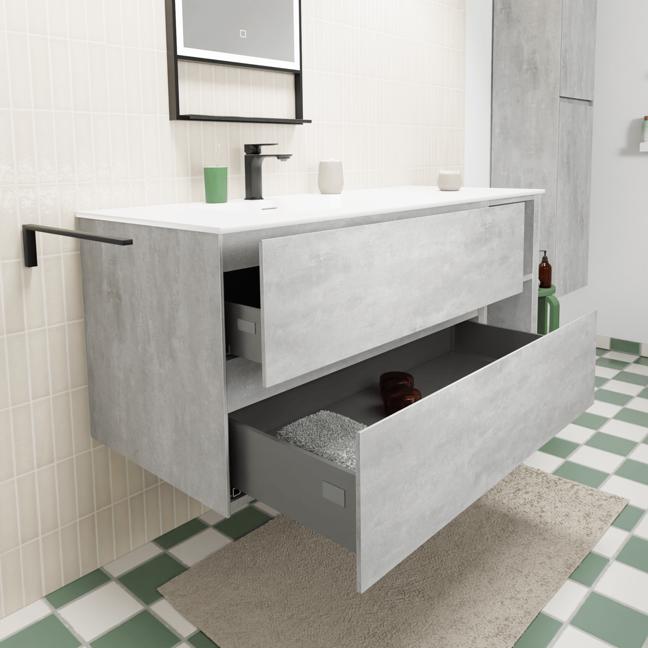 Storke Edge meuble salle de bains suspendu 130 x 52 cm béton gris foncé avec Mata plan vasque asymétrique à gauche en solid surface blanc mat