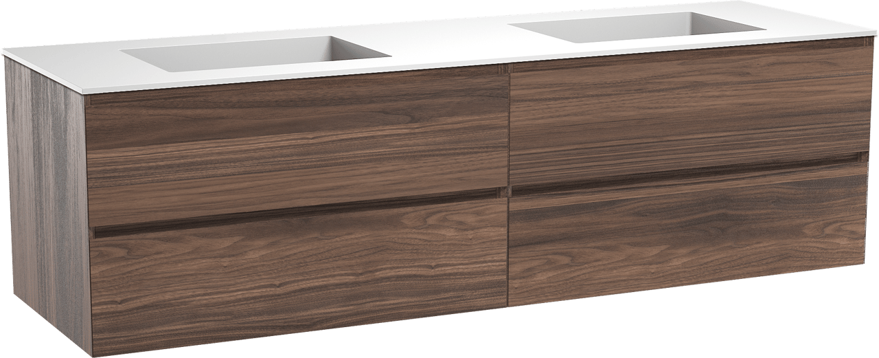 Balmani Mitra hängendes Möbelstück Set: 180 x 55 cm, Nussbaum, mit Tablo Stretto Doppelwaschtisch, Solid Surface Weiß matt
