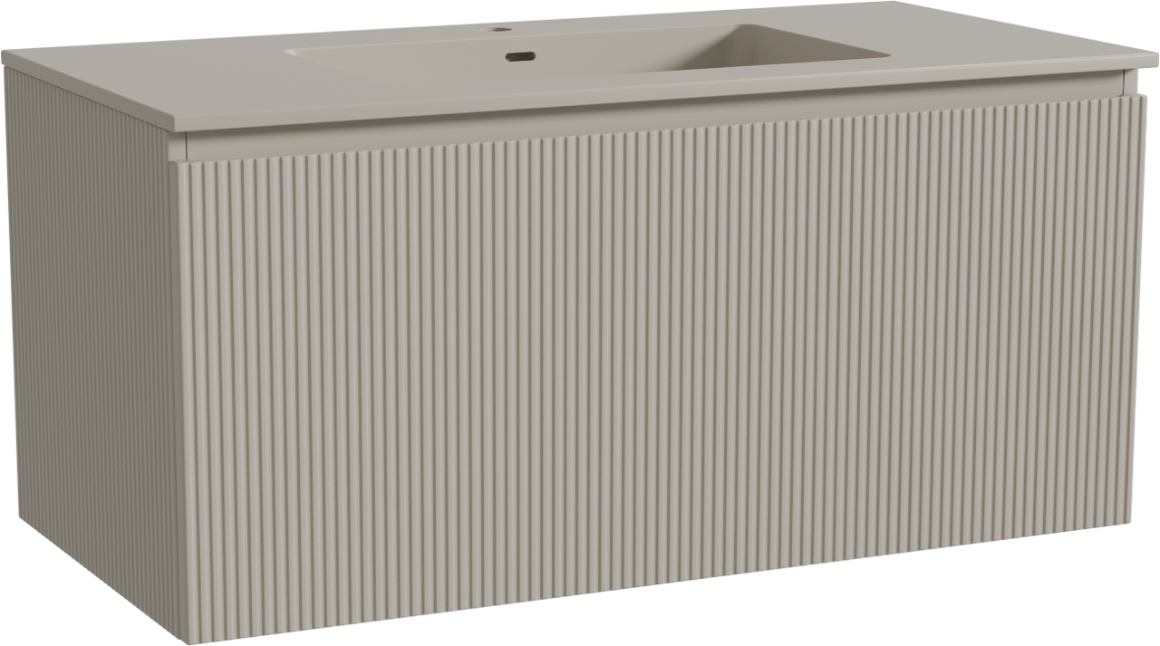Storke Ribs zwevend badmeubel 105 x 52 cm zijdegrijs met Diva enkele wastafel in top solid zijdegrijs, Verticale symmetrische rechte ribbel