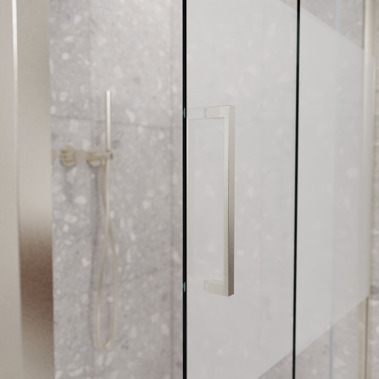Balmani Senses Design Eckdusche: Schiebetür (Rechts) mit fixierte Seitenwand, 140 x 90 cm, Klarglas mit mattiertem Streifen, Profil Brushed CoolMetal