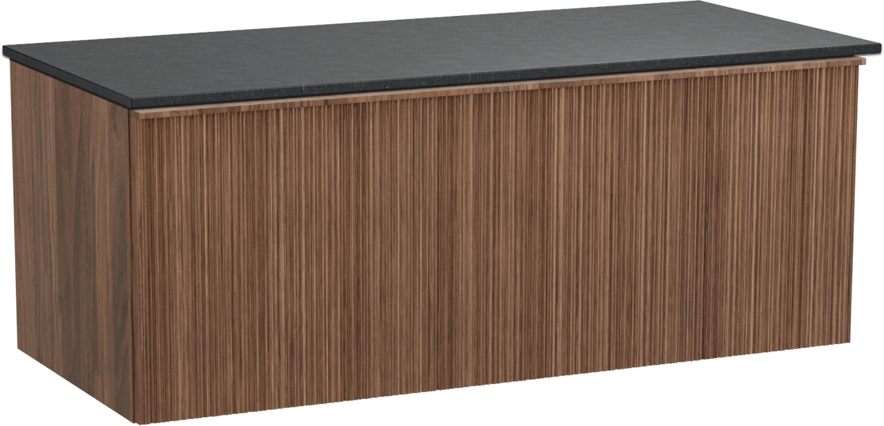 Balmani Forma zwevend badkamermeubel 120 x 55 cm amerikaanse notelaar met Stretto enkel tablet in graniet zwart, Verticale asymmetrische ronde ribbel