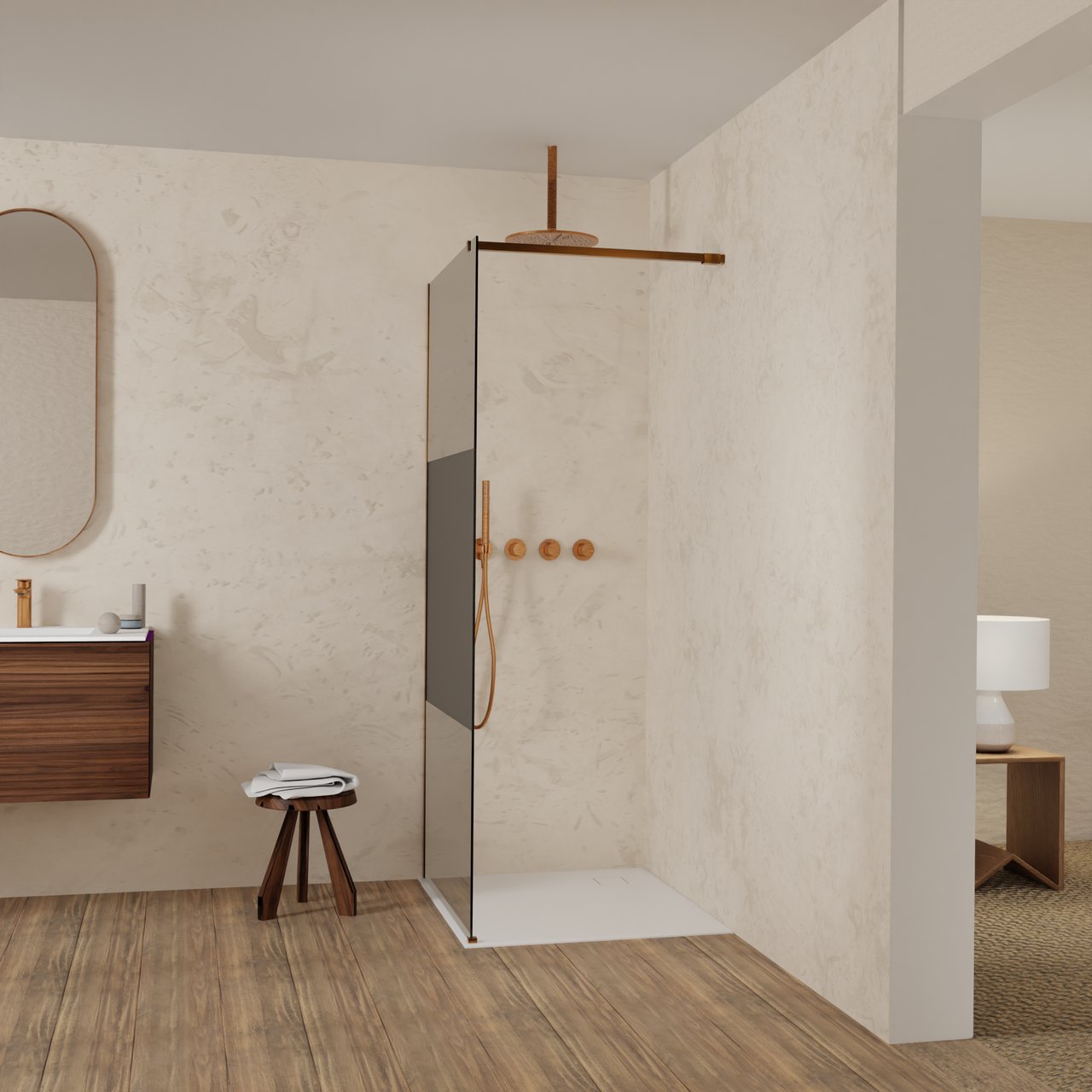 Balmani Modular inloopdouche: 90 x 200 cm, Rookglas met matte strook met coating, Brushed Rosegold profielen