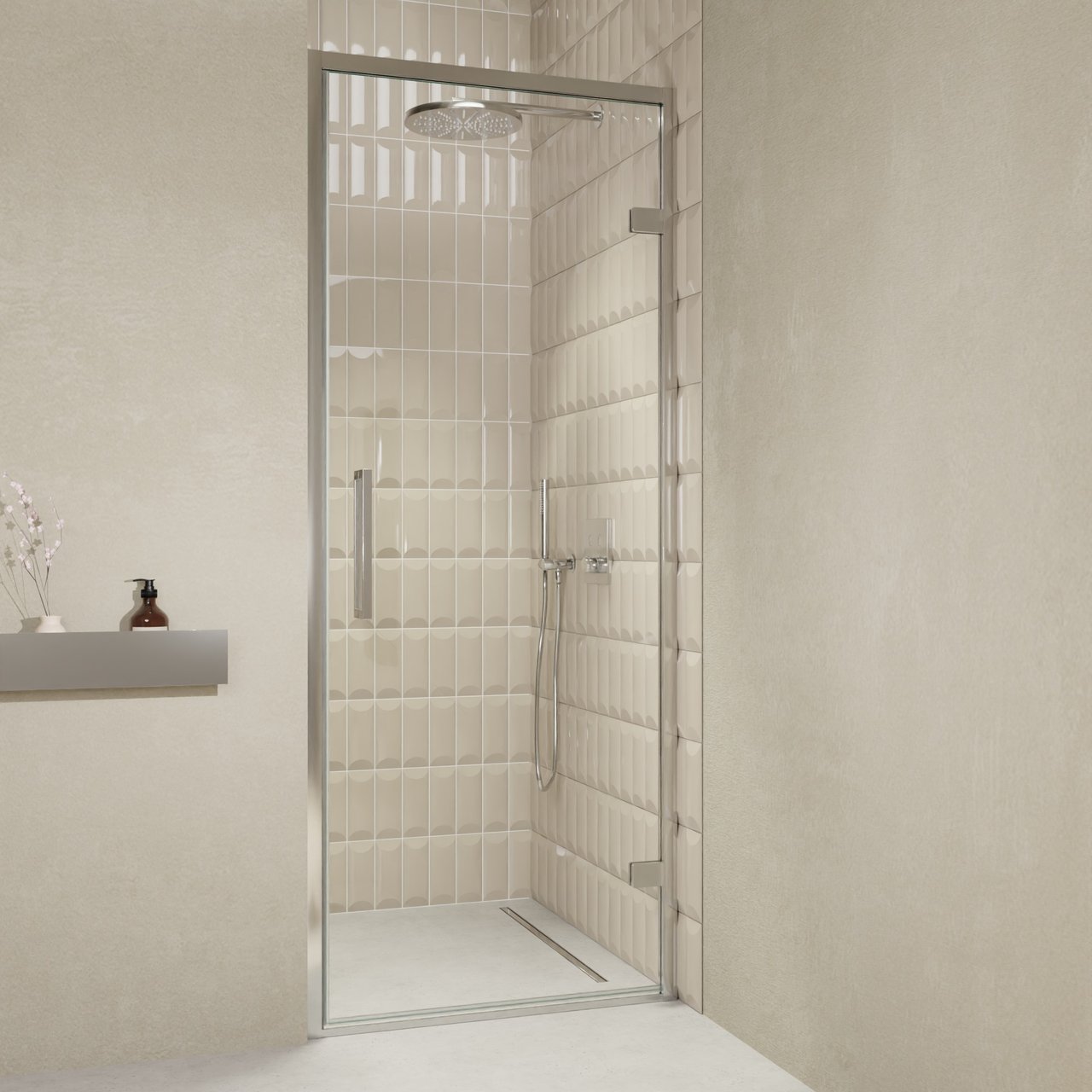 Balmani Senses Design porte pivotante à droite 90 cm x 210 cm verre transparent, Profil chrome