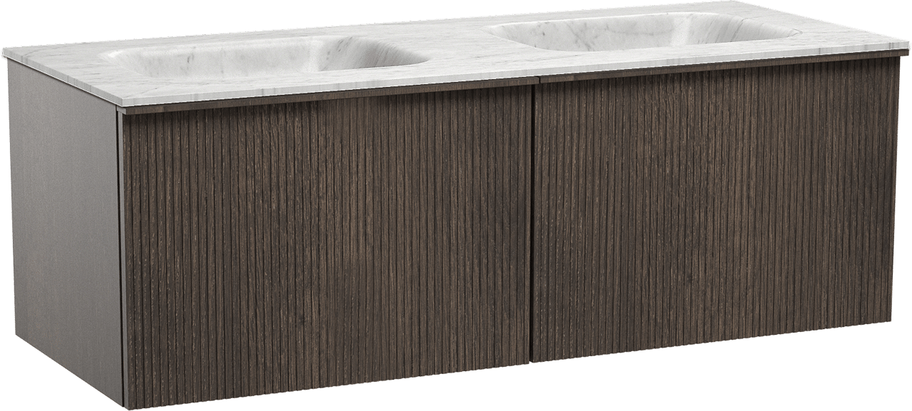 Balmani Forma zwevend badkamermeubel 135 x 55 cm gerookte eik met Tablo Arcato dubbele wastafel in marmer carrara, Verticale symmetrische rechte ribbel