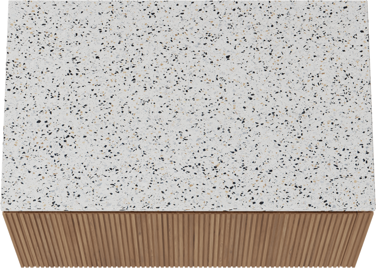 Balmani Eclips hängendes Möbelstück Set: 90 x 55 cm, Teak, mit Stretto Einzel Waschtischplatte Bianco Nero Terrazzo, Vertikale symmetrische gerade Rippe