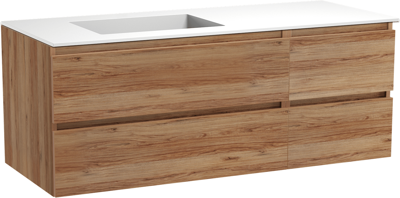 Balmani Lucida hängendes Möbelstück Set: 135 x 55 cm, Teak, mit Tablo Stretto Waschtisch links, Solid Surface Weiß matt