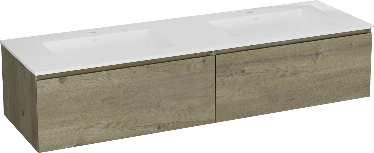 Storke Edge meuble salle de bains suspendu 170 x 52 cm chêne brut avec Bilia double vasque en marbre composite blanc brillant