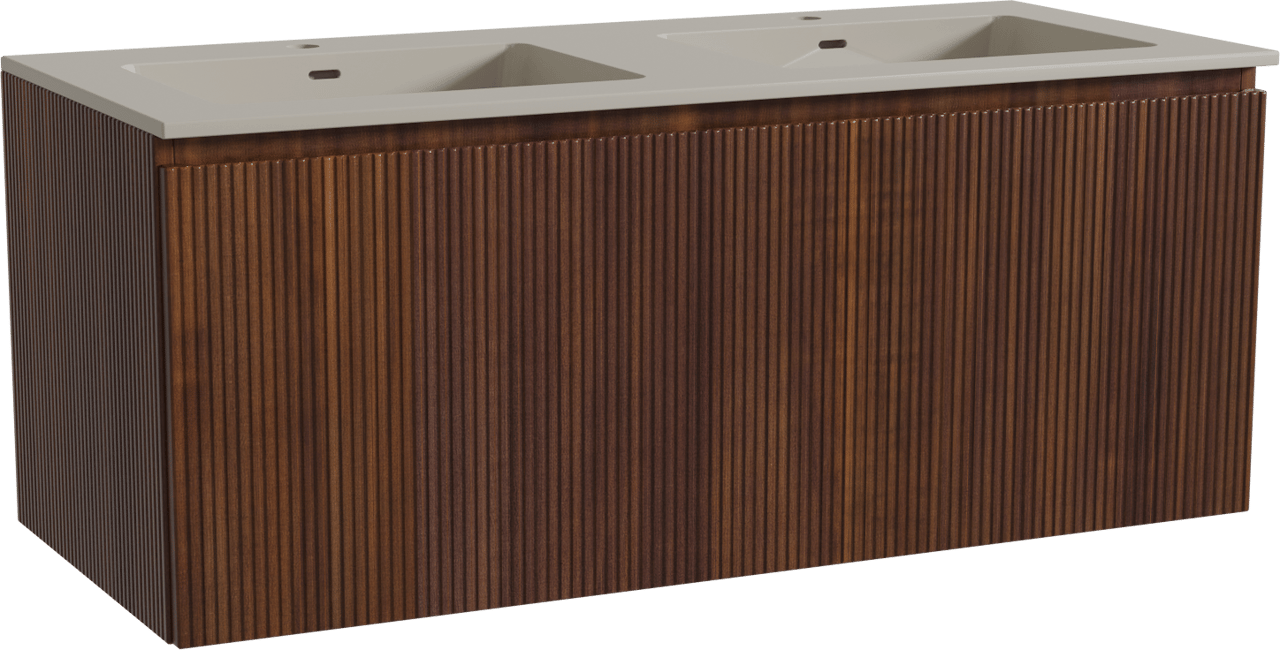 Storke Ribs zwevend badmeubel 120 x 52 cm notenhout met Diva dubbele wastafel in top solid zijdegrijs, Verticale symmetrische rechte ribbel