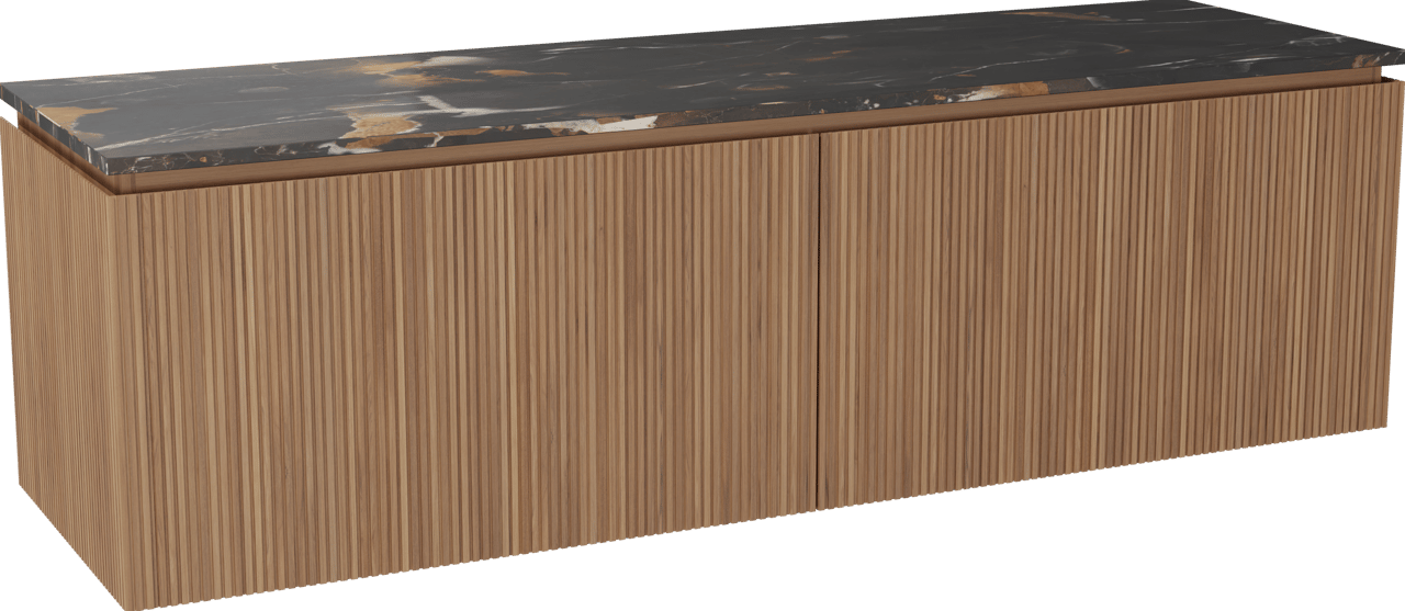 Balmani Eclips meuble salle de bains suspendu 180 x 55 cm Teck avec Stretto tablette simple ou double en Portoro Gold marbre, Nervure droite symétrique verticale
