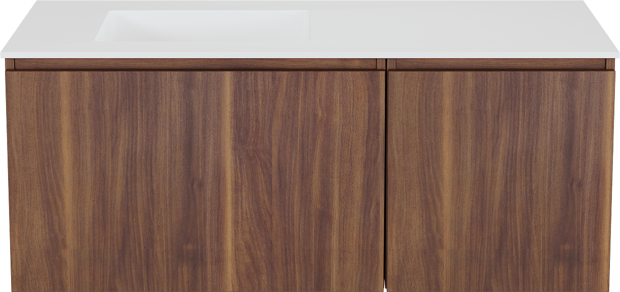 Balmani Sfera by Lucida hängendes Möbelstück Set: 120 x 55 cm, Amerikanischer Nussbaum, mit Tablo Stretto Waschtisch links, Solid Surface Weiß matt