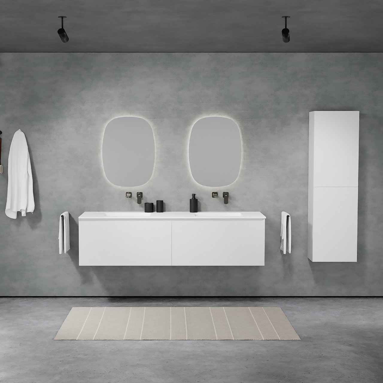 Balmani Idra by Mitra zwevend badkamermeubel 180 x 55 cm mat wit met Tablo Arcato dubbele wastafel in solid surface mat wit