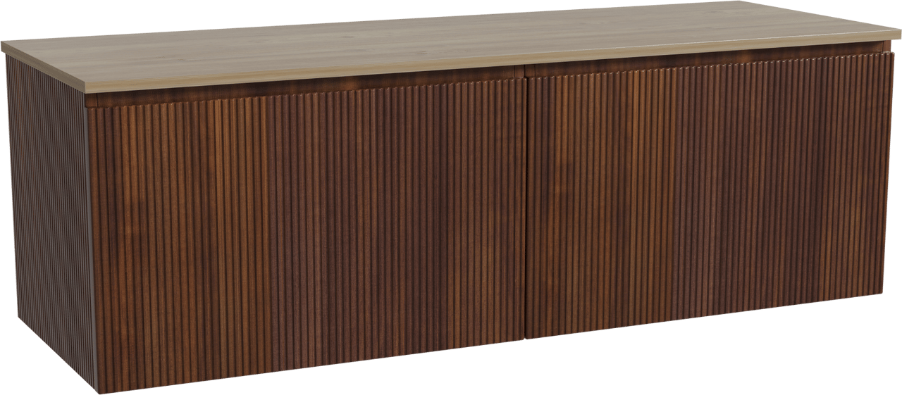 Storke Ribs zwevend badmeubel 150 x 52 cm notenhout met Panton enkel of dubbel wastafelblad in melamine ruw eiken, Verticale symmetrische rechte ribbel