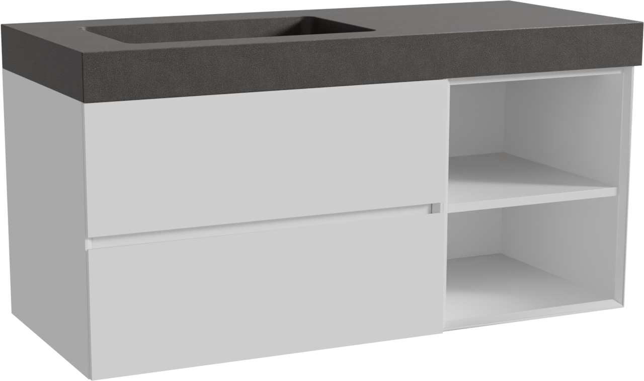 Storke Edge zwevend badmeubel 120 x 52 cm mat wit met Scuro High asymmetrisch linkse wastafel in kwarts mat zwart