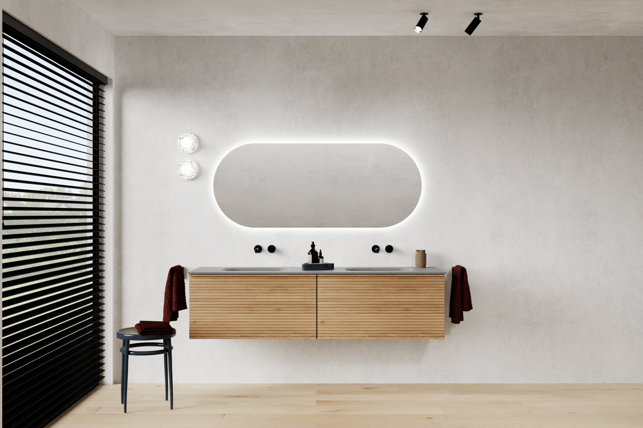 Balmani Forma zwevende wastafelonderkast 90 x 55 cm naturel eiken 2 lades horiz. sym. groef