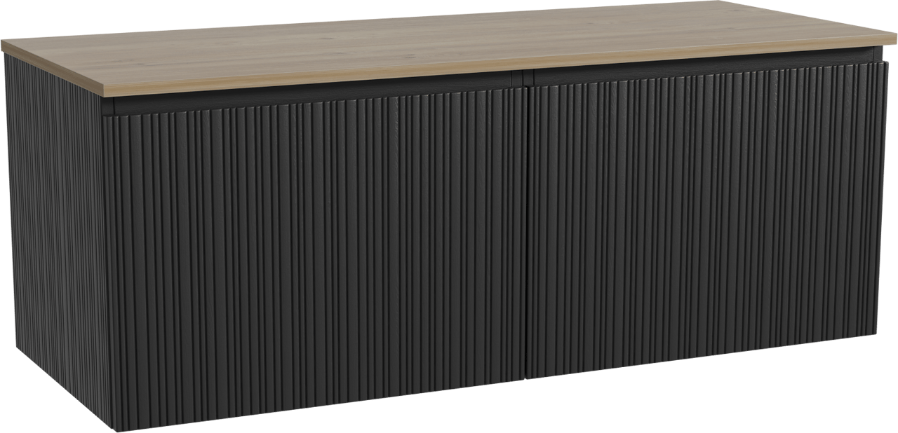 Storke Ribs zwevend badmeubel 130 x 52 cm zwart eiken met Panton enkel of dubbel wastafelblad in melamine ruw eiken, Verticale asymmetrische rechte ribbel