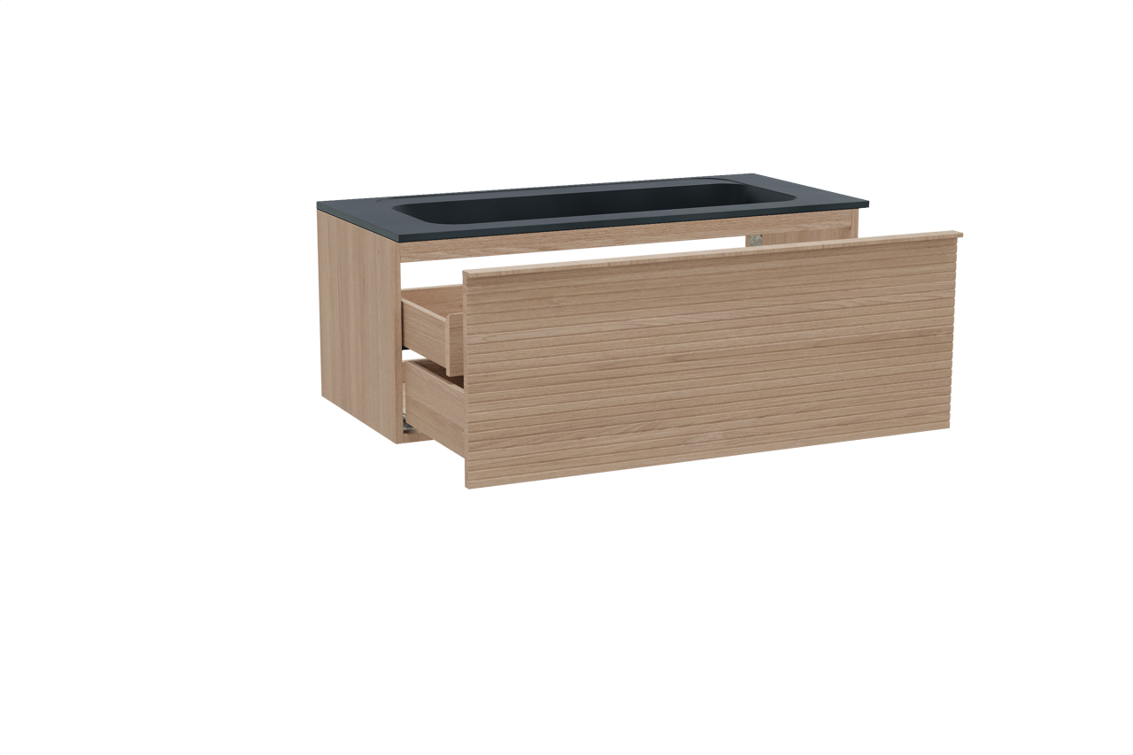 Balmani Forma meuble salle de bains suspendu 120 x 55 cm chêne naturel avec Tablo Strada lavabo simple pour 2 trous de robinet en marbre composite noir mat, Nervure droite symétrique horizontale