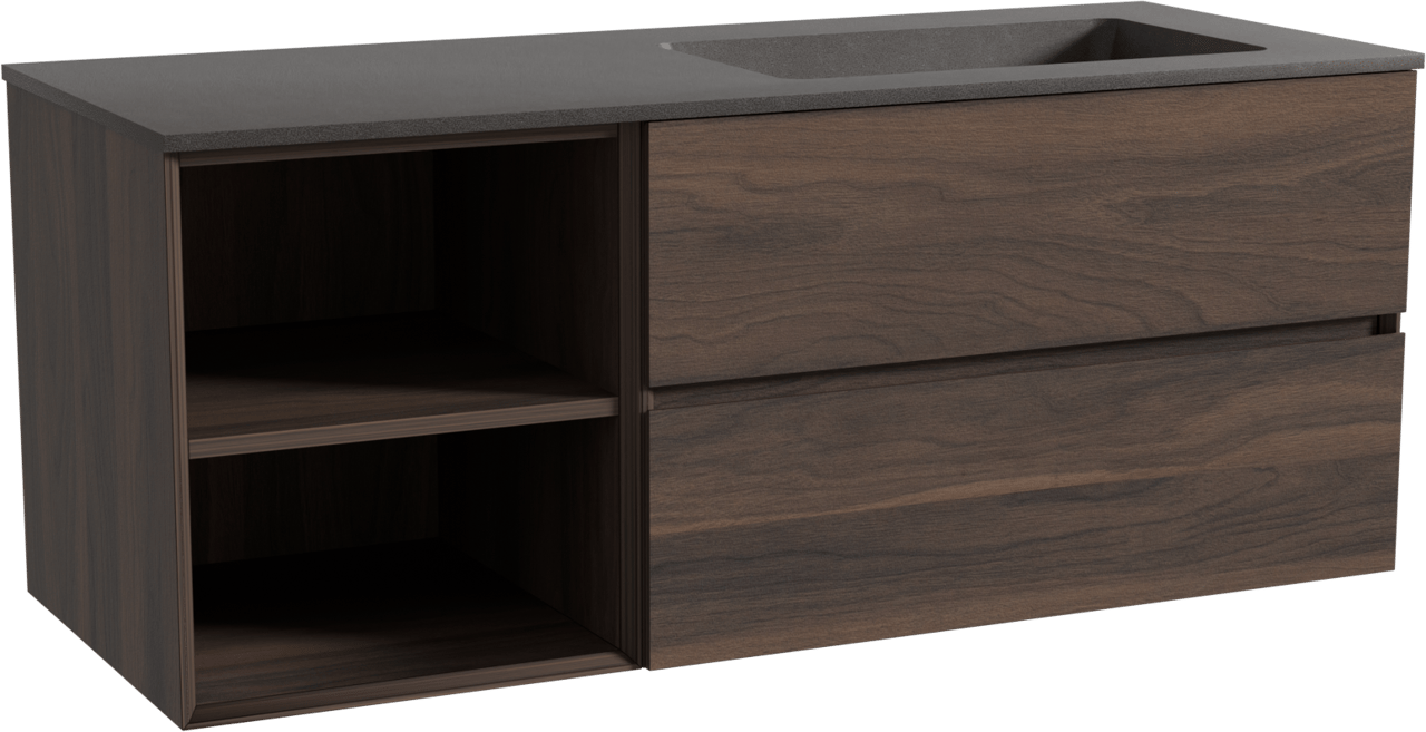 Storke Edge zwevend badkamermeubel 130 x 52 cm notelaar met Scuro asymmetrisch rechtse wastafel in kwarts mat zwart