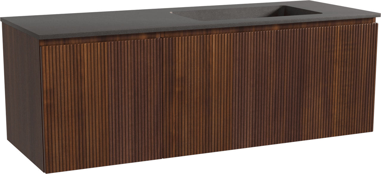 Storke Ribs zwevend badmeubel 140 x 52 cm notenhout met Scuro asymmetrisch rechtse wastafel in kwarts mat zwart, Verticale symmetrische rechte ribbel