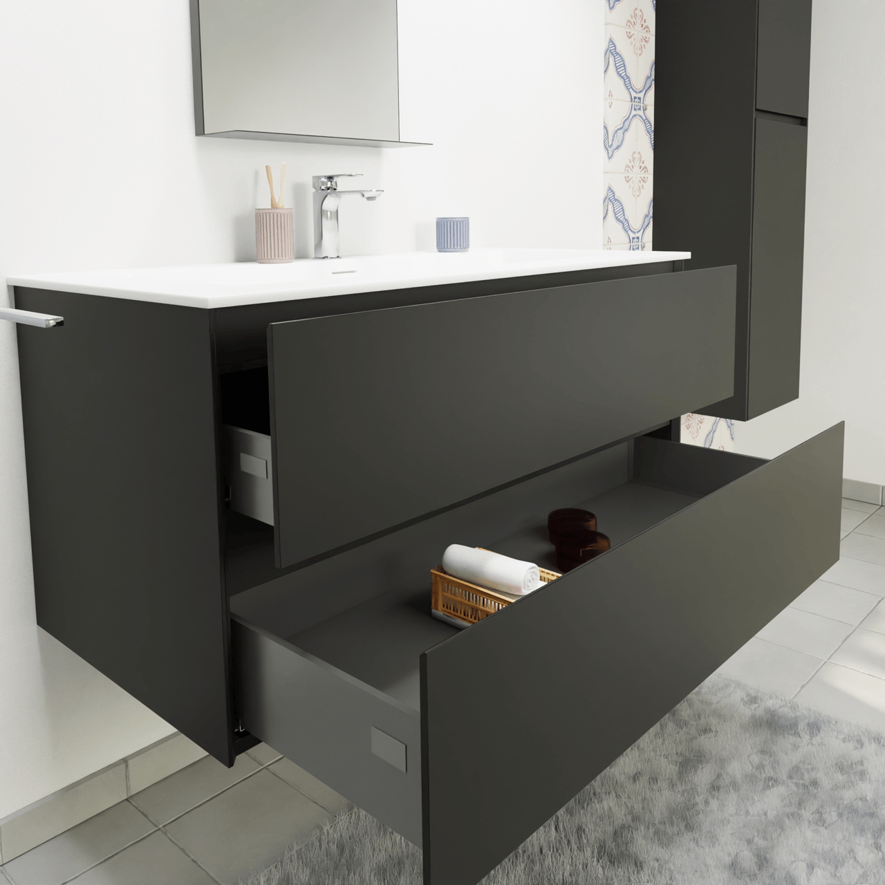 Storke Edge zwevend badmeubel 105 x 52 cm mat zwart met Mata enkele wastafel voor 2 kraangaten in solid surface mat wit