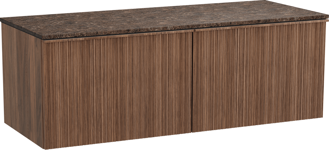 Balmani Forma zwevend badkamermeubel 135 x 55 cm amerikaanse notelaar met Stretto enkel of dubbel tablet in marmer dark emperador, Verticale asymmetrische ronde ribbel
