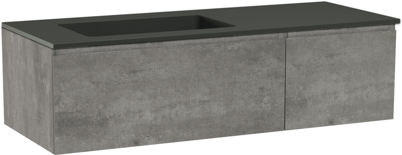 Storke Edge zwevend badmeubel 130 x 52 cm beton donkergrijs met Scuro asymmetrisch linkse wastafel in kwarts mat zwart