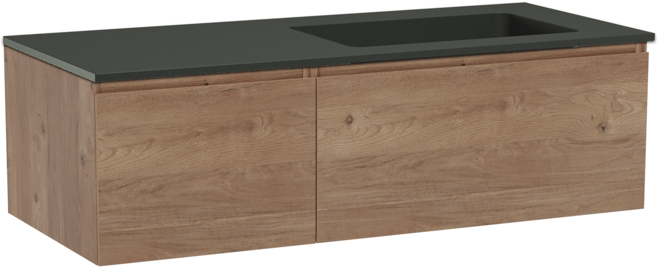 Storke Edge zwevend badmeubel 120 x 52 cm ruw eiken met Scuro asymmetrisch rechtse wastafel in kwarts mat zwart