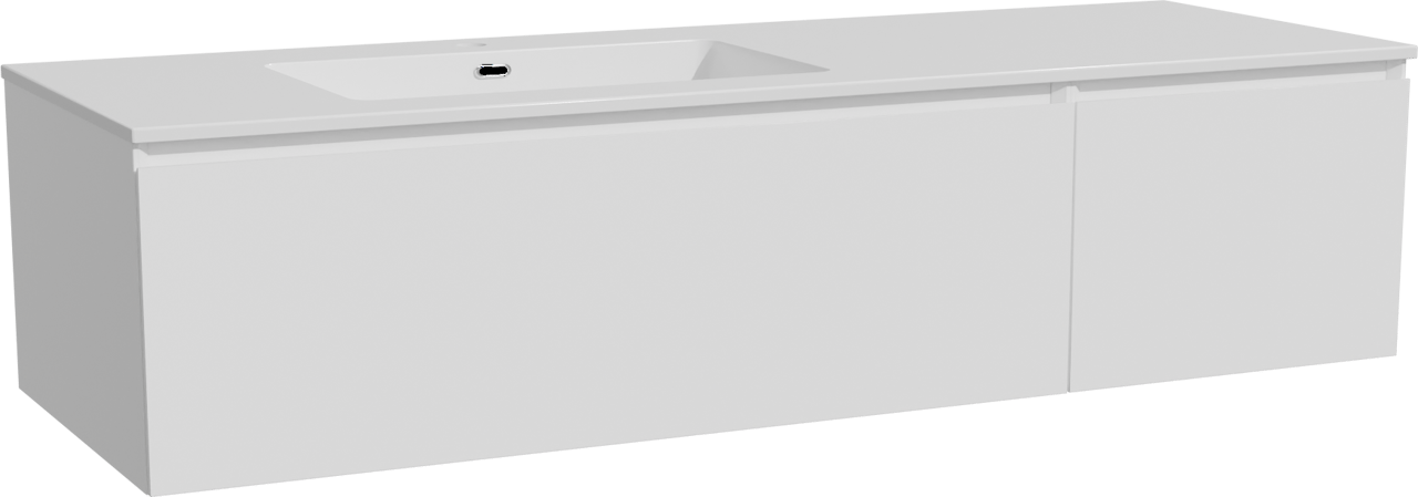 Storke Edge meuble salle de bains suspendu 150 x 52 cm blanc mat avec Diva plan vasque asymétrique à gauche en marbre composite blanc brillant