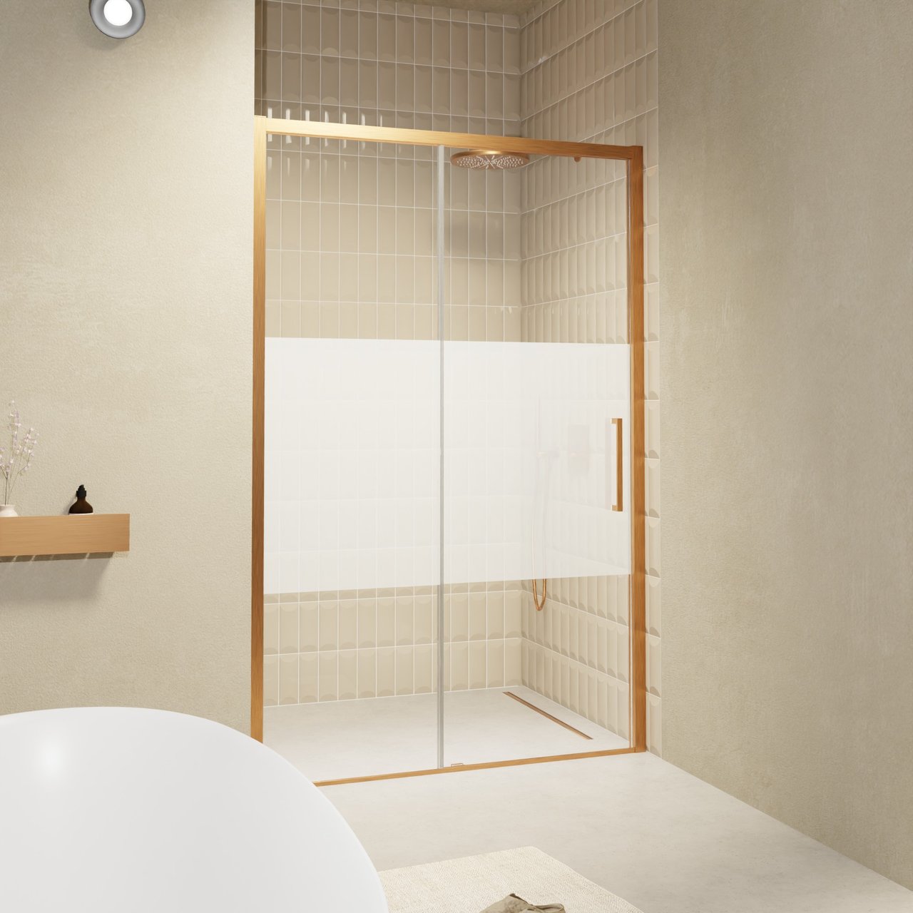 Balmani Senses Design porte coulissante à gauche 120 cm x 210 cm verre transparent avec bande matte, Profil Brushed Rosegold, coating inclus