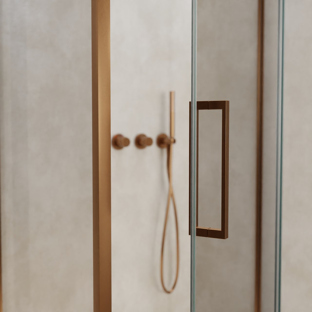 Balmani Senses Design douche en coin avec porte pivotante à droite et paroi latérale fixe, 100 x 100 cm, Verre transparent, Profil Brushed Rosegold