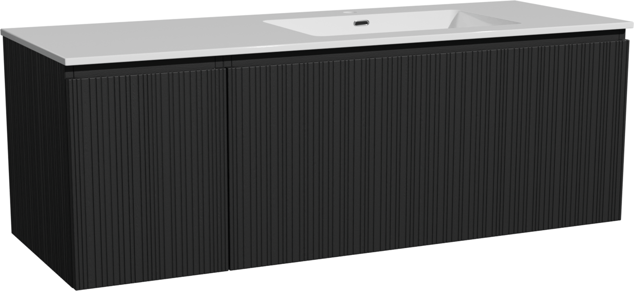 Storke Ribs zwevend badkamermeubel 140 x 52 cm zwarte eik met Diva asymmetrisch rechtse wastafel in composietmarmer glanzend wit, Verticale asymmetrische rechte ribbel