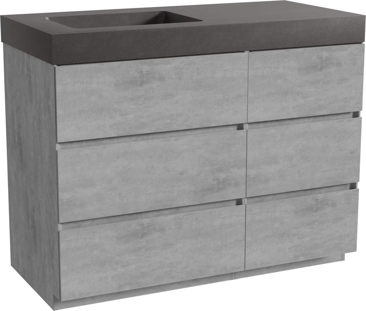 Storke Edge staand badkamermeubel 110 x 52 cm beton donkergrijs met Scuro High asymmetrisch linkse wastafel in kwarts mat zwart