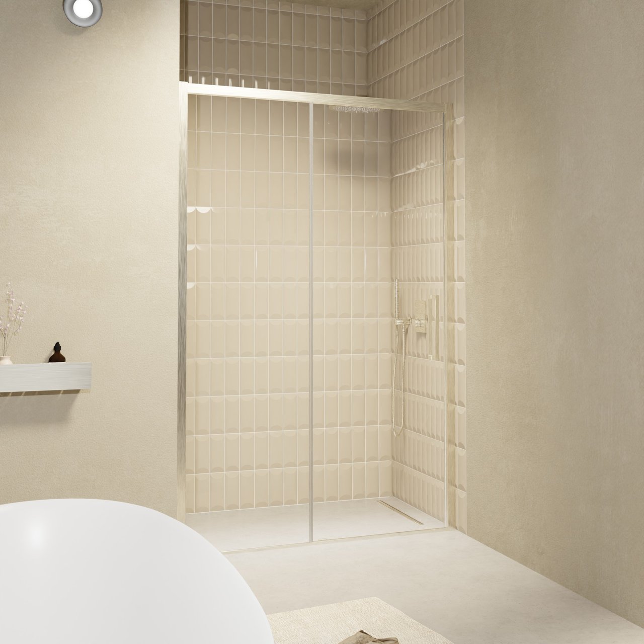 Balmani Senses Design Dusche Schiebetür, umkehrbar, 160 cm x 210 cm, Klarglas, Profil Brushed CoolMetal