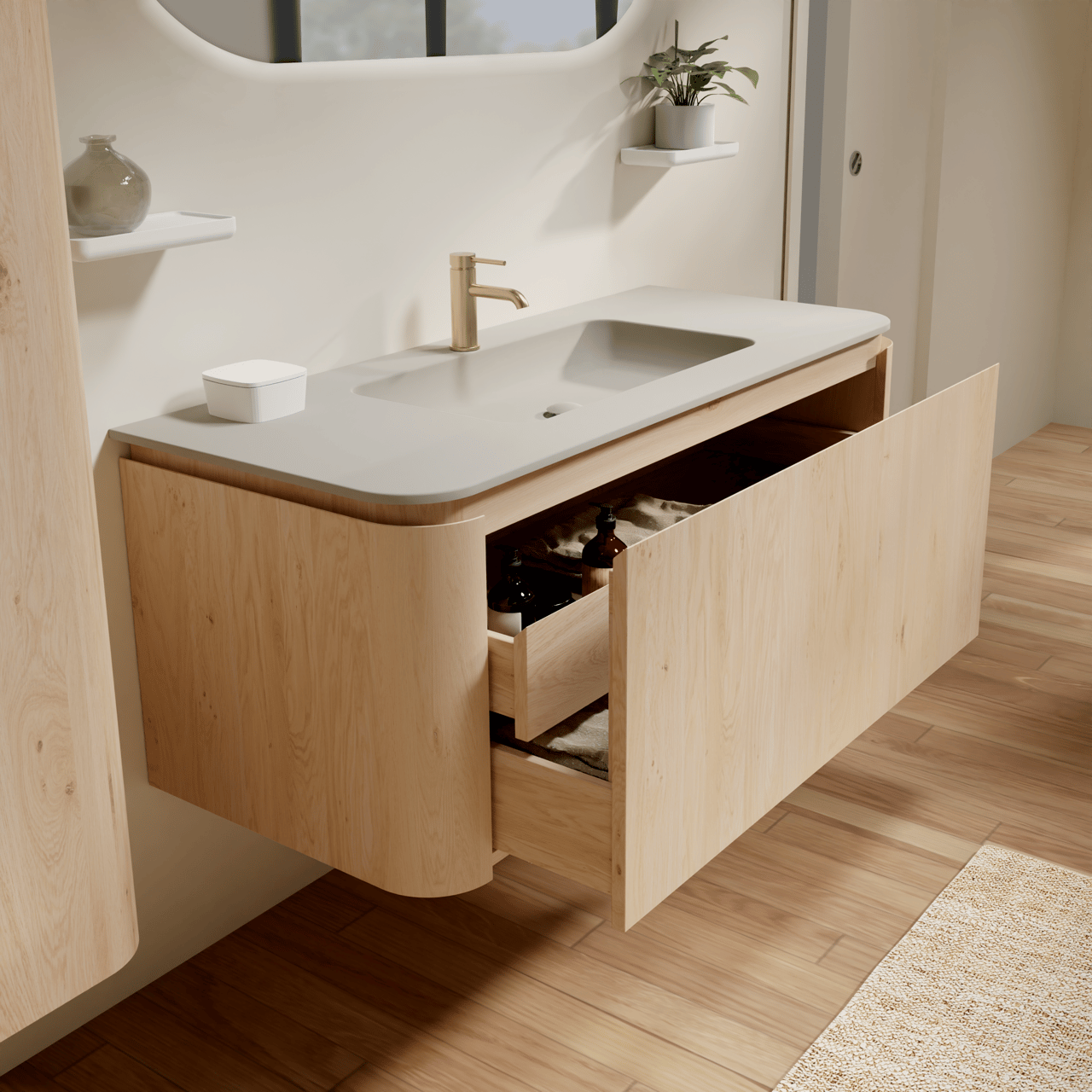 Balmani Moon meuble salle de bains suspendu 130 x 55 cm chêne naturel avec Moon plan simple en top solid soie grise