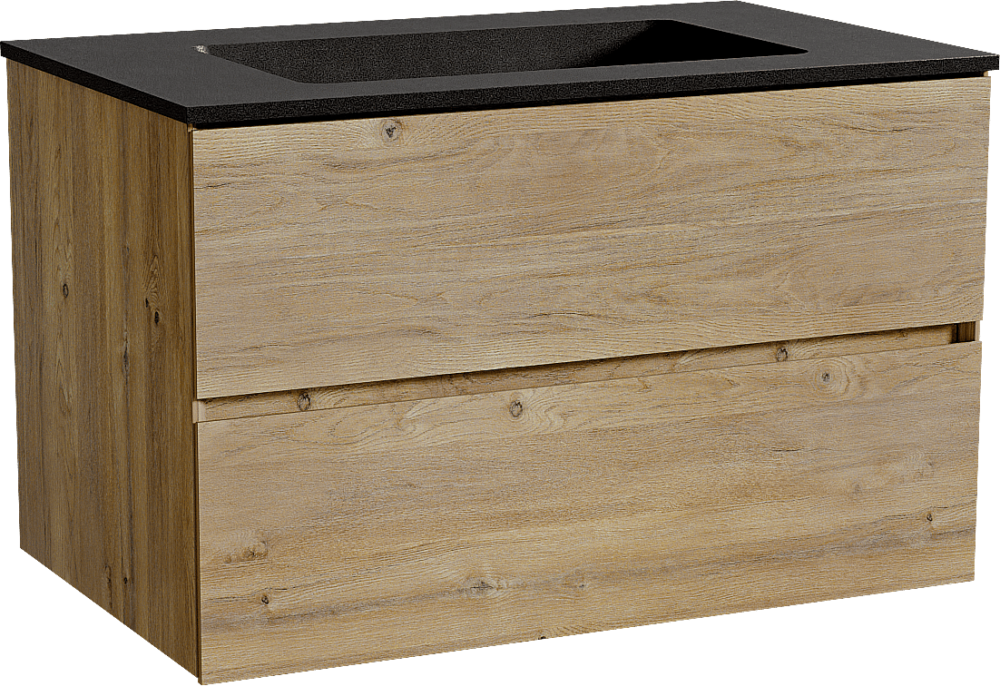 Storke Edge zwevend badkamermeubel 85 x 52 cm ruwe eik met Scuro enkele wastafel in kwarts mat zwart