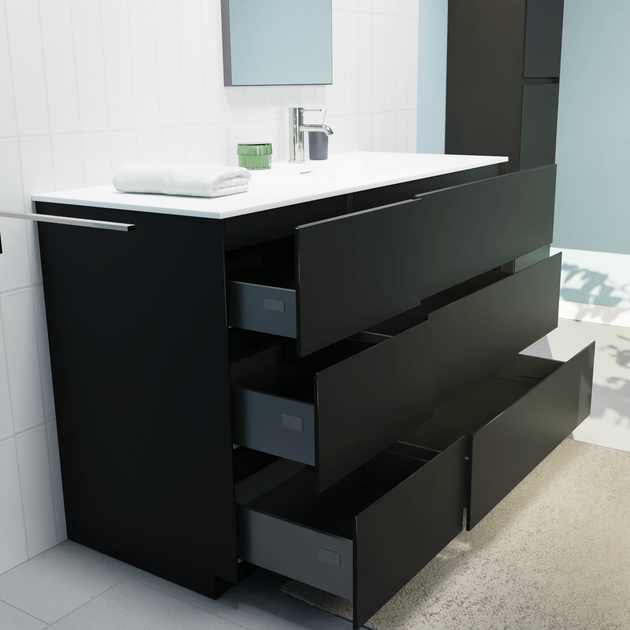 Storke Edge freistehendes Möbelstück Set: 130 x 52 cm, Schwarz matt, mit Mata Waschtisch rechts, Solid Surface Weiß matt