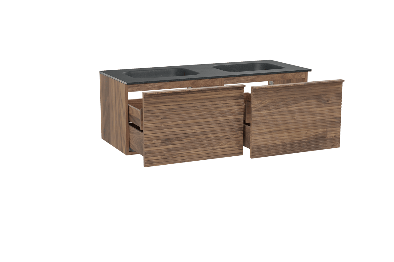 Balmani Forma zwevend badmeubel 135 x 55 cm amerikaans notenhout met Tablo Arcato dubbele wastafel in zwart graniet, Horizontale symmetrische rechte ribbel