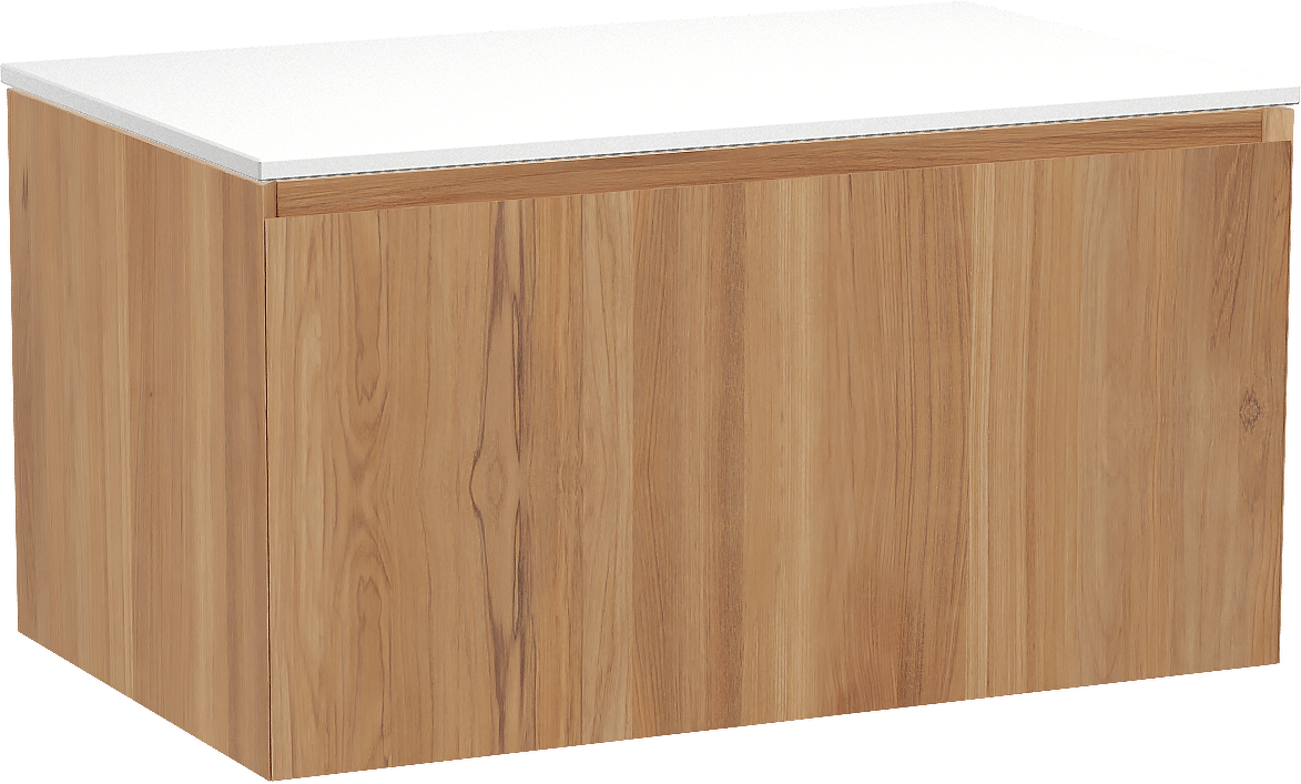 Balmani Idra by Mitra hängendes Möbelstück Set: 90 x 55 cm, Teak, mit Stretto Einzel Waschtischplatte, Solid Surface Weiß matt