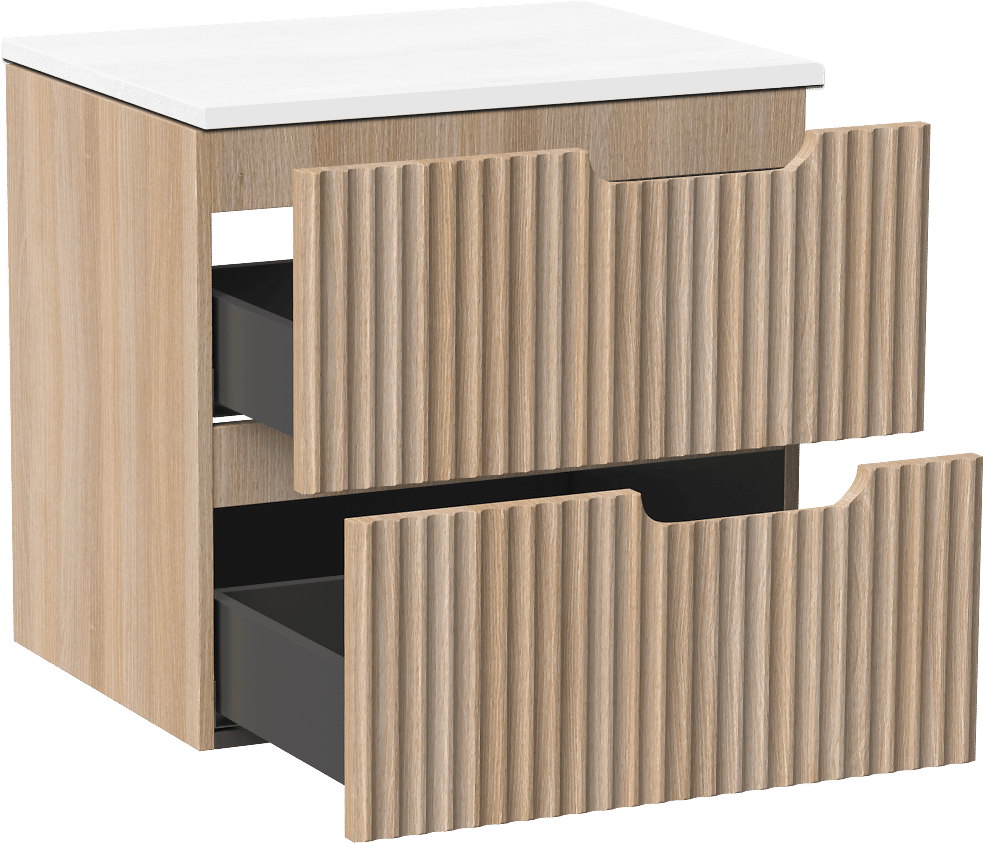 Linie Ribbo zwevend badkamermeubel 60 x 46 cm lichte eik met Lado enkel tablet in composietmarmer glanzend wit, Verticale symmetrische ronde ribbel