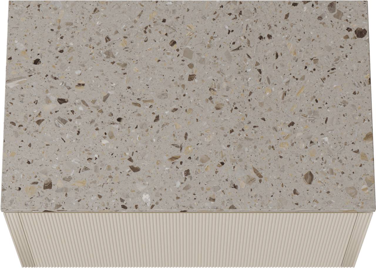 Balmani Eclips zwevend badkamermeubel 90 x 55 cm Sandbeige met Stretto enkel tablet in Greige terrazzo, Verticale symmetrische rechte ribbel