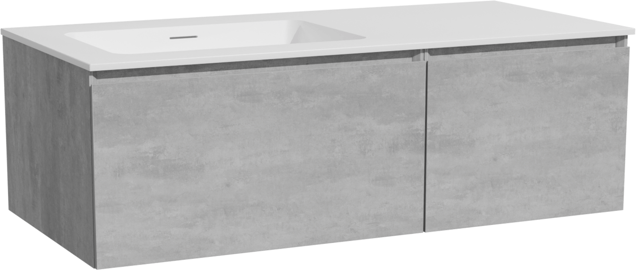 Storke Edge meuble salle de bains suspendu 110 x 52 cm béton gris foncé avec Mata plan vasque asymétrique à gauche en solid surface blanc mat