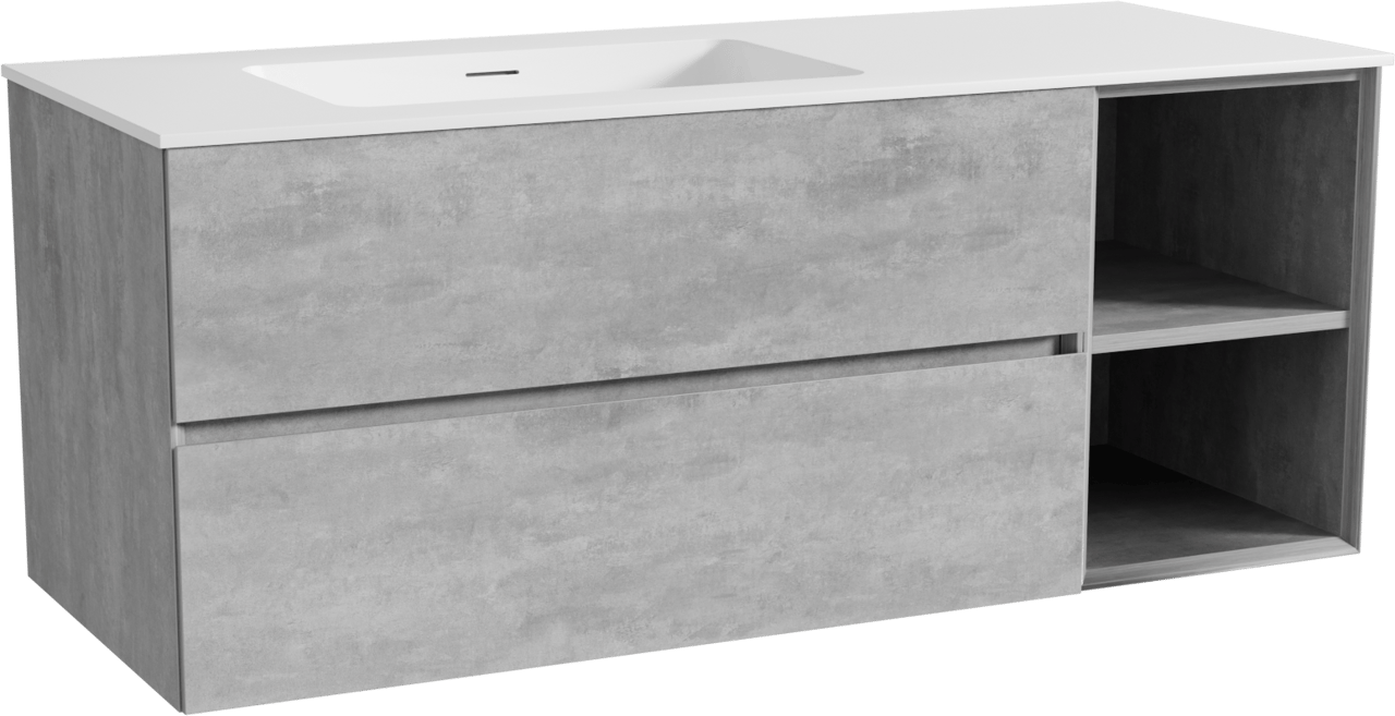 Storke Edge meuble salle de bains suspendu 130 x 52 cm béton gris foncé avec Mata plan vasque asymétrique à gauche en solid surface blanc mat