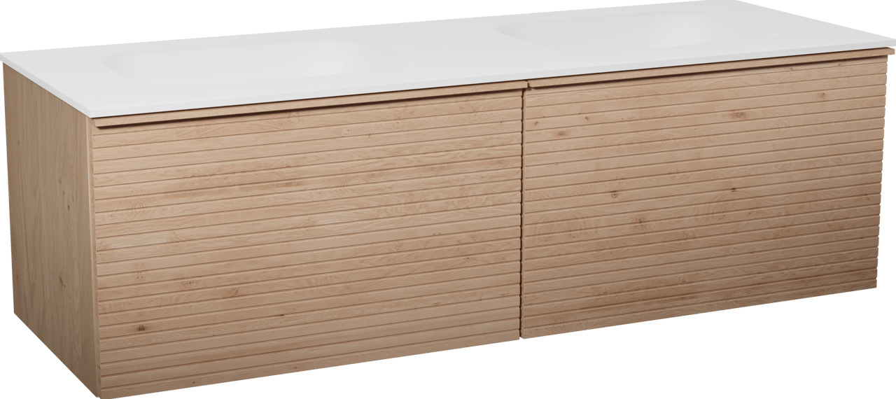 Balmani Forma hängendes Möbelstück Set: 150 x 55 cm, Naturbelassene Eiche, mit Tablo Arcato Doppelwaschtisch, Solid Surface, Weiß matt, Horizontale symmetrische gerade Rippe